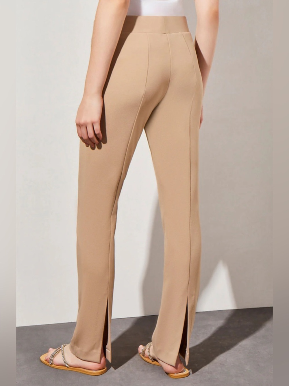 Ming Wang Size Large Tan Essential Stretch Deco Crepe Straight-Leg Pants